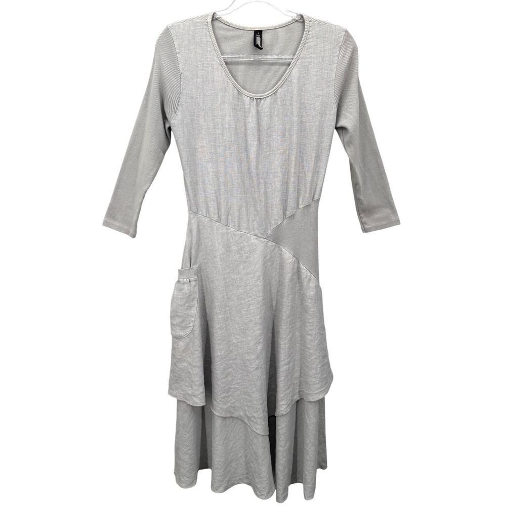 Inizio ONZ Dress Women S Gray Lagenlook Mixed Media Linen Asymmetrical Italy